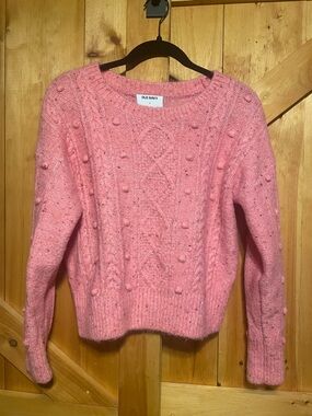 Old Navy Coral Pink Cable-Knit Pom-Pom Crewneck Sweater